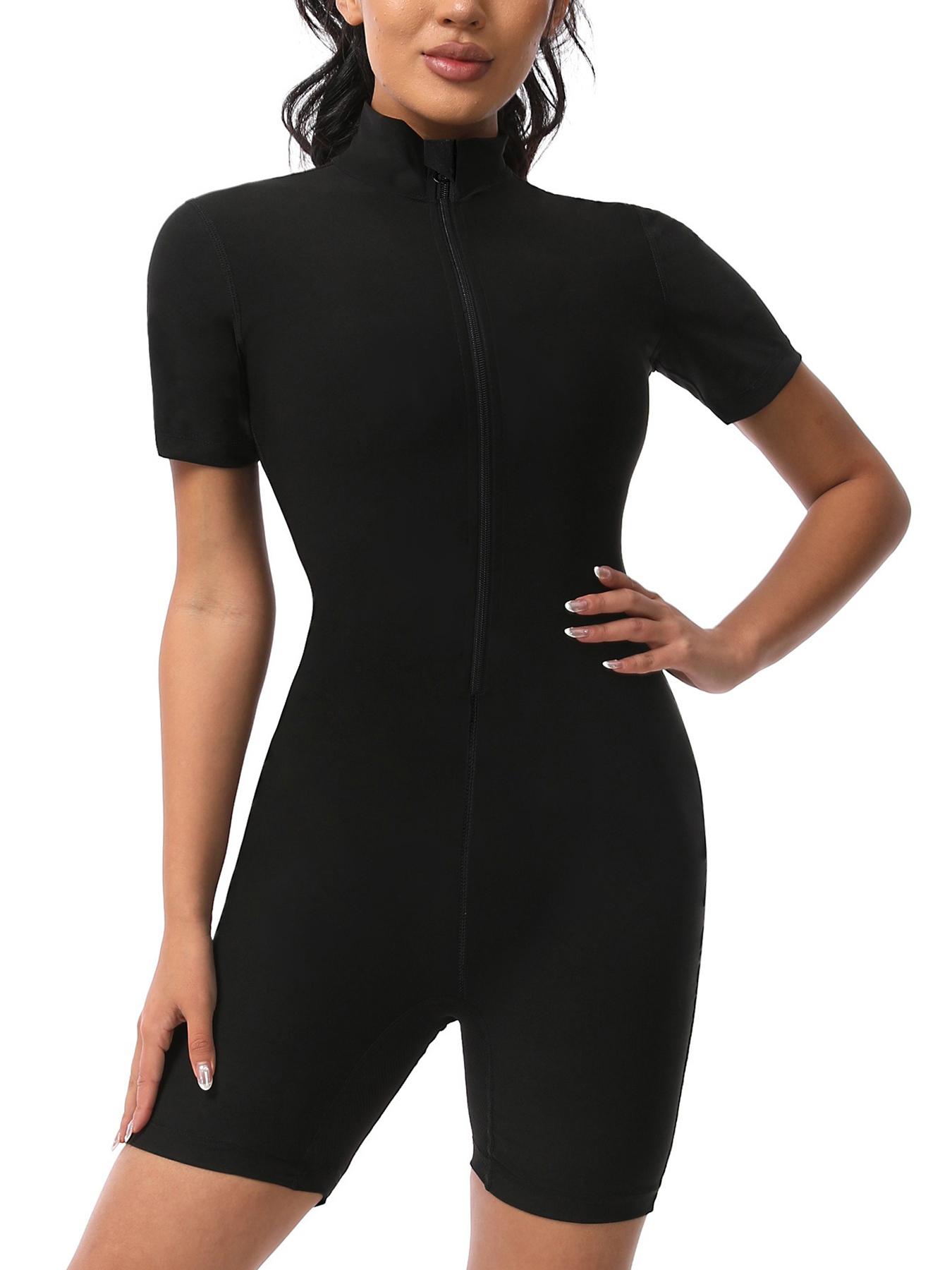 Women's One-Piece Sauna Jumpsuit, Zip-Up Yoga Romper, Tight-Fit Above-Knee Sportswear, Short Sleeve, Summer, Sporty Comfy Jumpsuit