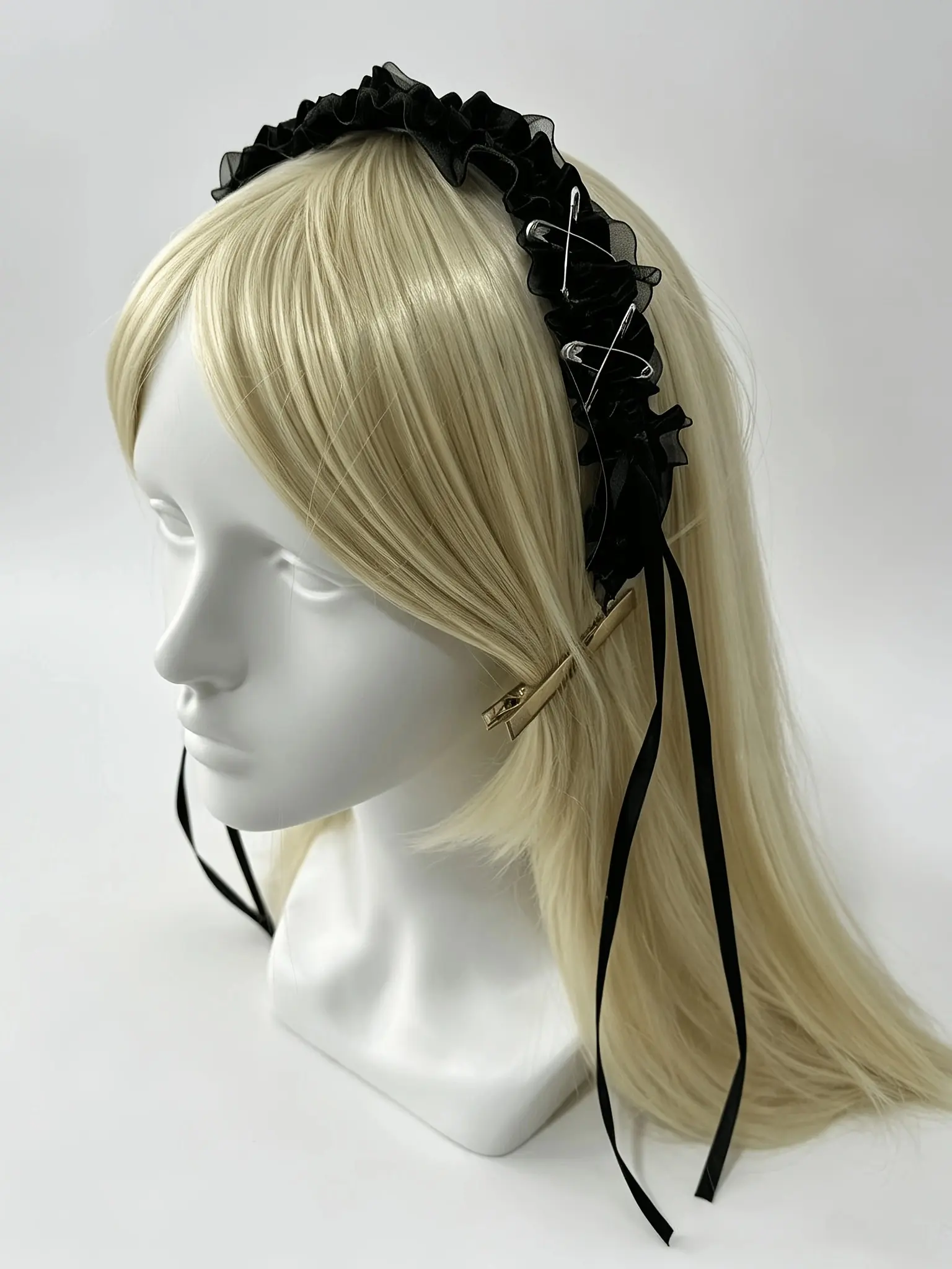 Ruffled Lace Maid Hairband, Long Satin Ribbon, Cute Pleated Hair Tie, Millennial Gothic Pure Desire Harajuku Accessory, Role Play Halloween Party Headpiece