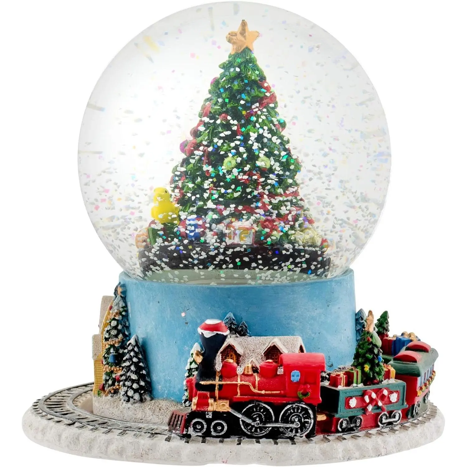 Christmas Tree Village Sturdy Musical Glitter Water Snow Globe Tabletop Figurine Decoration and Moving Train - Plays Tune We Wish You A Merry Christmas
