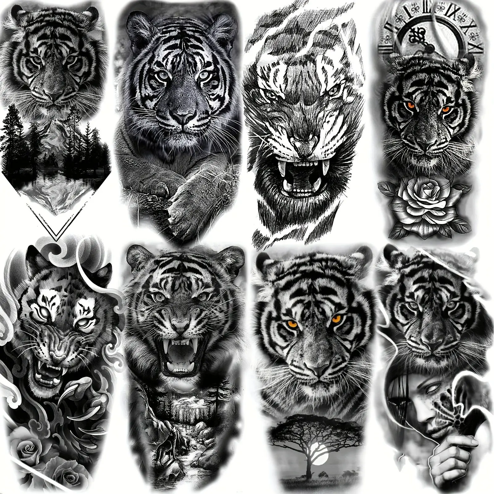 8 Sheets Large Fierce Temporary Tattoos, Diy Tattoos, Waterproof Realistic Forest Tribal Tiber Fake Tattoo Sticker, Long Lasting Arm Leg Decals