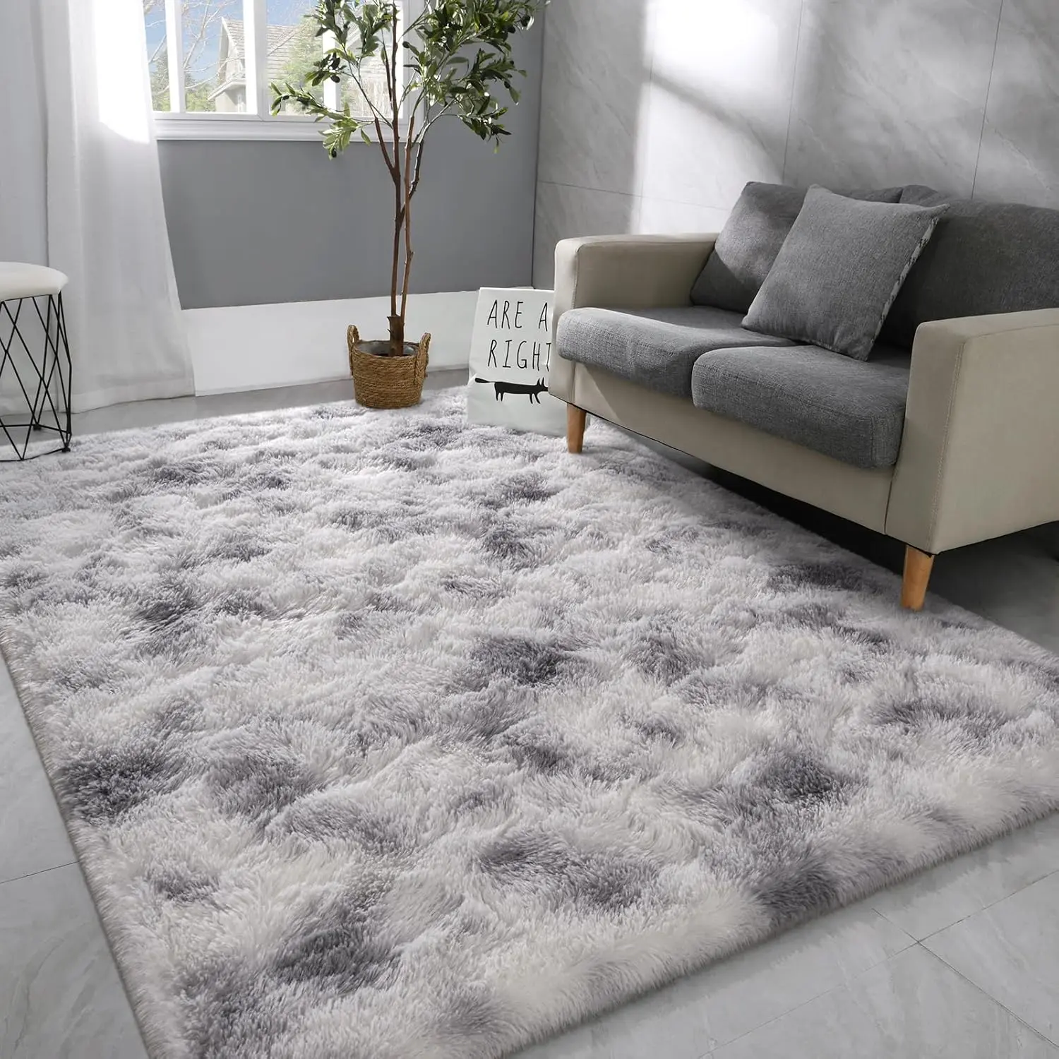 4x6 Large Area Rugs for Living Room, Soft Bedroom Rug, Tie-Dyed Grey White Indoor Shag Fuzzy Carpets for Girls Kids Nursery Room Home Decor