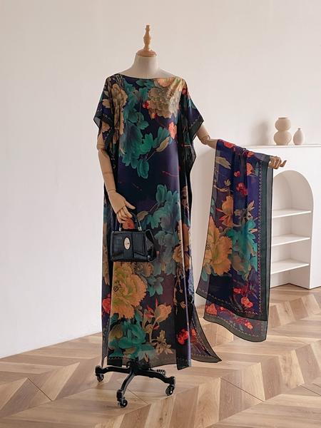 Women's Fashion Print Long Robe Set, Moomoo Dress + Scarf Headband, Casual Woven Fabric, Thin All-Season Wear, Beach Sun Protection