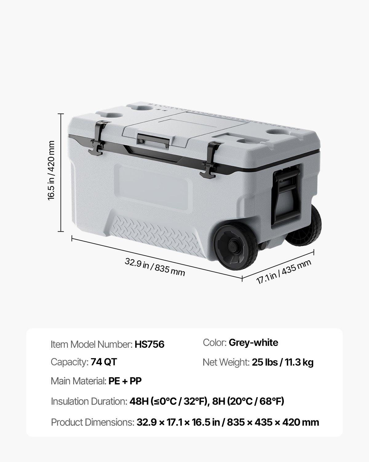 VEVOR Portable Cooler, 74 QT Wheeled Cooler with Ice Retention, Heavy-Duty Handles and Cup Holder, Lightweight Rigid Material Insulated Portable Cooler, Suitable for Family Picnics and Long Trips