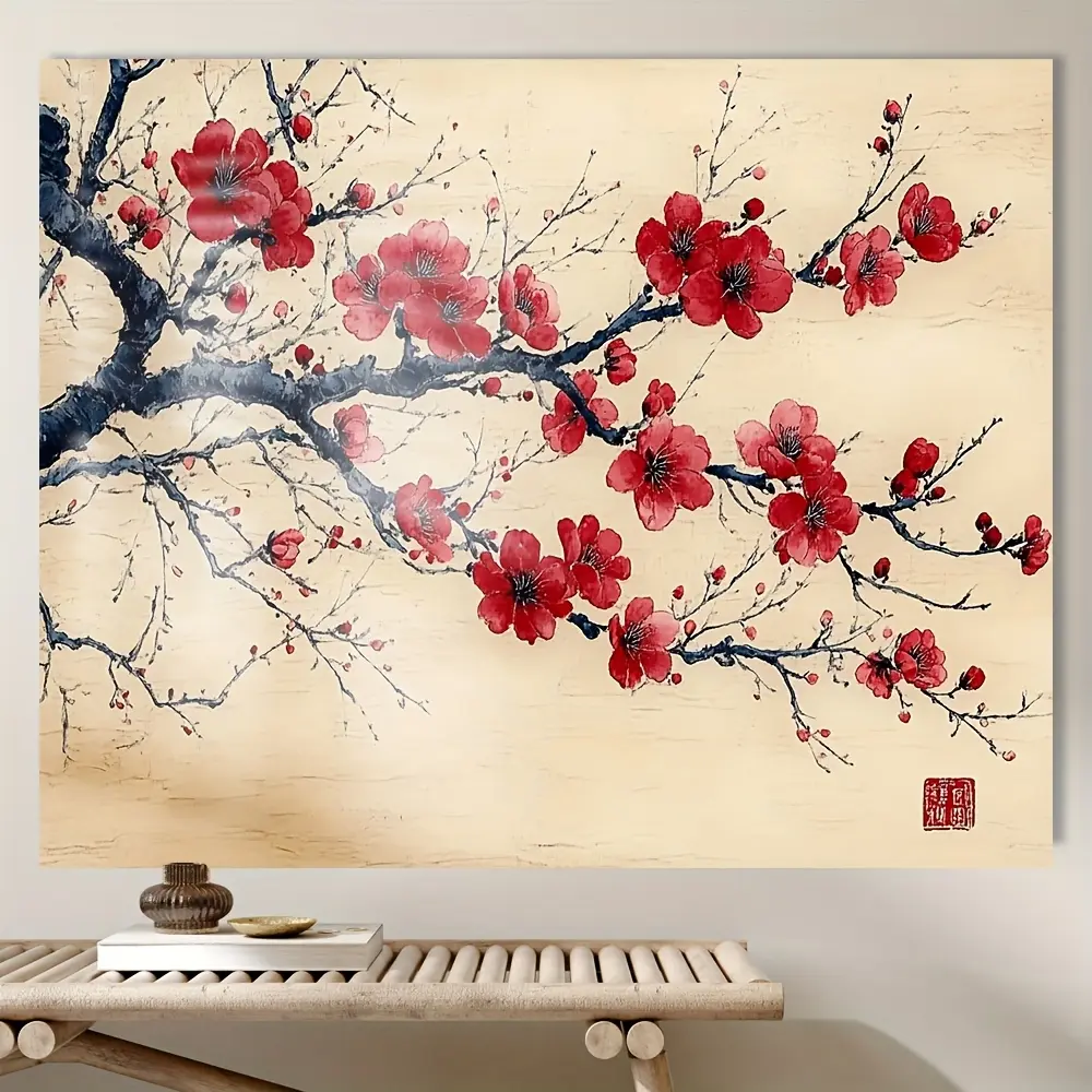 2D Flat, 1pc Chinese New Year Backdrop Suitable for Red Party Banners, Plum Blossom Snake Year Theme Tapestry - Horizontal Indoor Decoration with Snake Patterns, Polyester Fabric for New Year' Eve, for Home Studio Props & Lunar New Year Decor