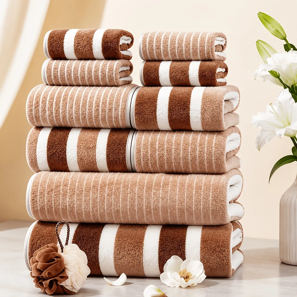 Towel Set Of 10, Lint-free, Super Absorbent, Super Soft Microfiber Beach Towel For Adults, Super Soft Five-star Hotel Standard Two-color Striped Interval Bath Towel Combination (11.81x 11.81 Inches, 13.78x 29.53 Inches, 27.56x 55.12 Inches)