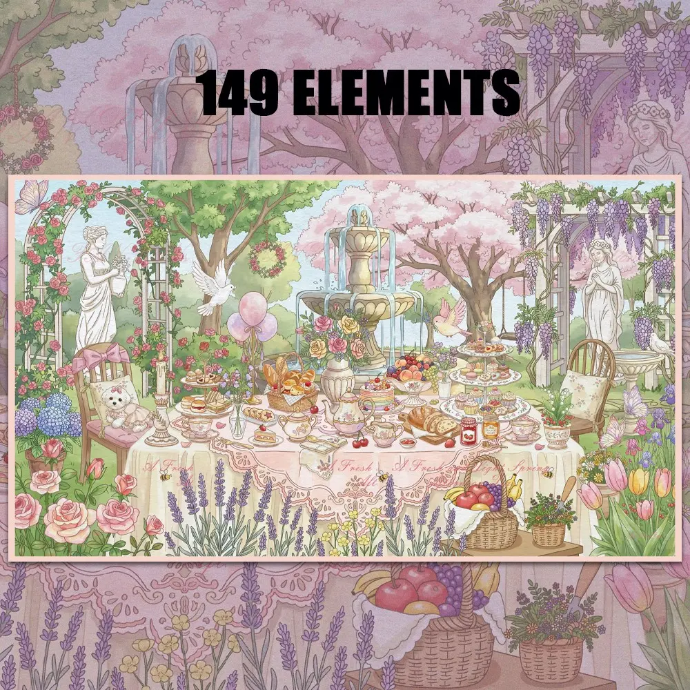 Vintage Tea Party Garden Sticker Scenery Set – 140+ Rose Floral & Dessert Table Decals Scenes Illustration Stickers for DIY Scrapbooking, Calming Therapeutic Craft Activity