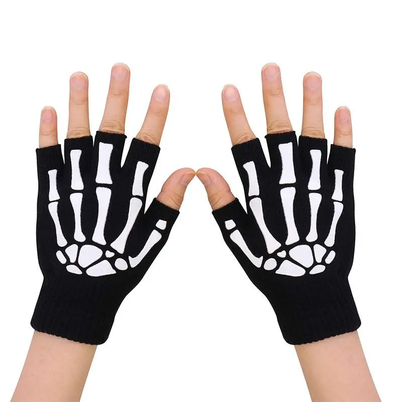 Glow‑In‑The‑Dark Skeleton‑Print Fingerless Knit Gloves, Soft Stretch Half‑Finger Gloves, Trendy Streetwear Hand Accessory for Men & Women, Halloween Cosplay & Party Occasions
