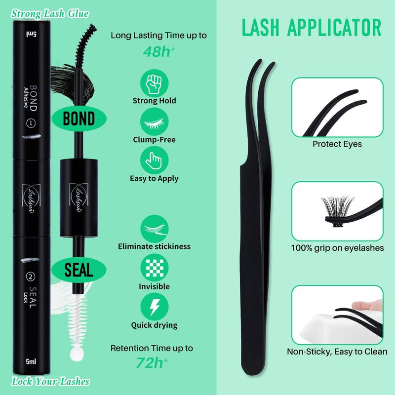 280pcs D Curl Lashes Kit, Mix 8-16mm Mega Volume Individual Lashes Soft And Comfortable False Eyelashes Eyelash Extensions Wispy Lashes Cluster Lash Kit Comes with Bond&Seal and Lash Applicator For DIY At Home, Beginner friendly, Wispy Eyelash Clusters