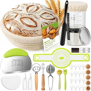 Sourdough Starter Kit, 9'' Round Banneton Bread Proofing Basket, Sourdough Kit with Jar, Sourdough Bread Baking Supplies with Bread Lame, Dough Scraper, Dough Whisk,  Bread Sling