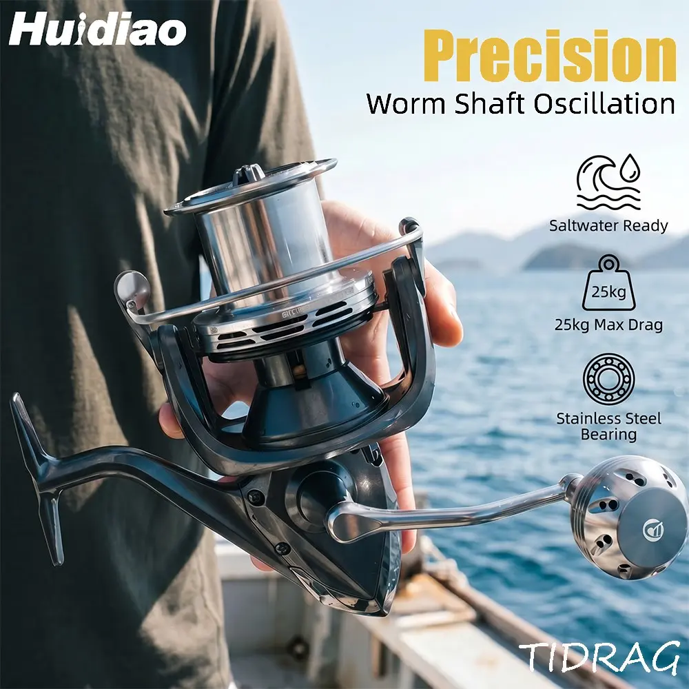 HUIDIAO TIDRAG Saltwater Big Game Spinning Reel with Worm Shaft Line Lay System 8000/9000/10000/12000/14000 Long Cast Carp Fishing Reel CNC Metal Power Knob 4.8:1 Gear Ratio 6+1 Stainless Steel Bearings for Pier Surf Offshore Boat Fishing
