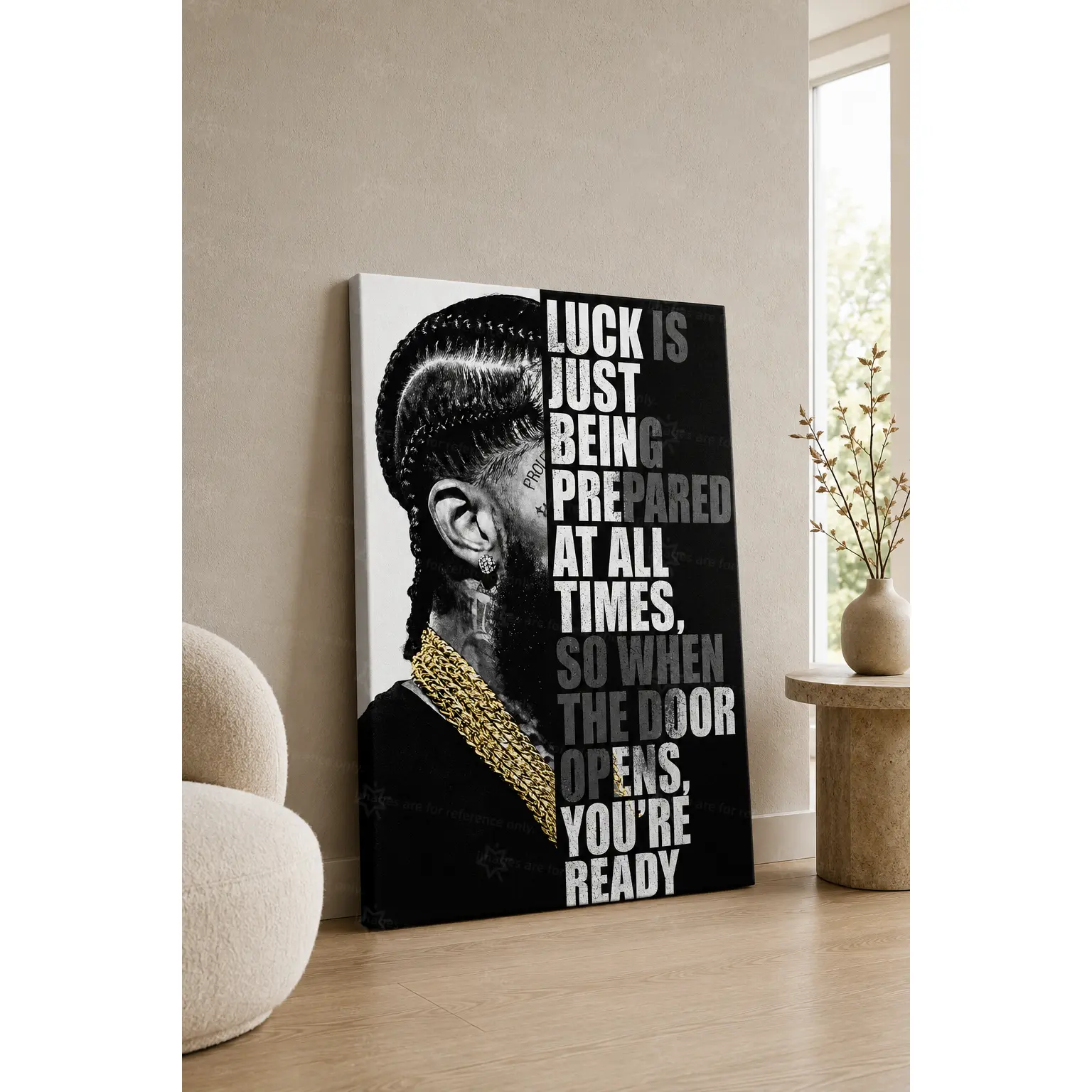 Nipsey Hussle "Luck Is Prepared" Canvas Wall Art| Inspirational Hip Hop Poster| Gold Chain Portrait| Modern Home Office, Bedroom Decor