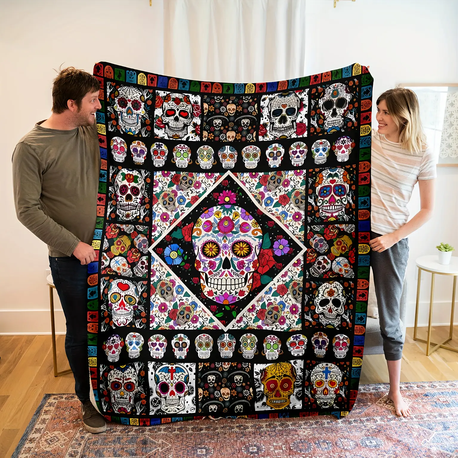 Day of the Dead Colorful Sugar Skull Floral Grid Patchwork-style Print  Blanket Halloween Soft Plush Warm Throw Blanket, Mexican Día de los Muertos Sugar Skull Decorative Couch Bedroom Nap Blanket, Giftable Halloween Mexican Culture Comfort Blanket