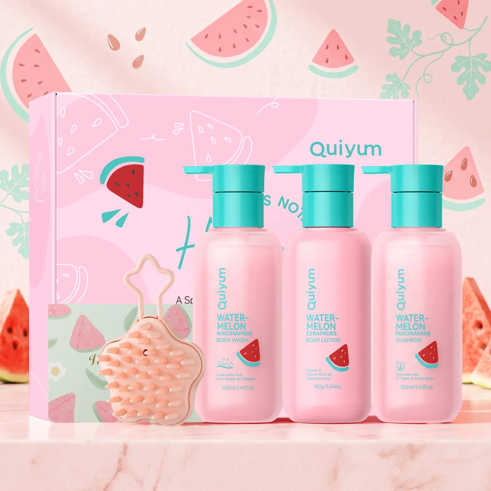 QUIYUM Watermelon Shampoo Body Wash and Body Lotion Set for Women Men, Niacinamide & Ceramides 3-in-1 Hair & Skin Care Bath Gift Basket, Wellness Gift Set, Refreshing Hydrating Shower Duo, Bodycare Layering Set with Star Scalp Massager Brush