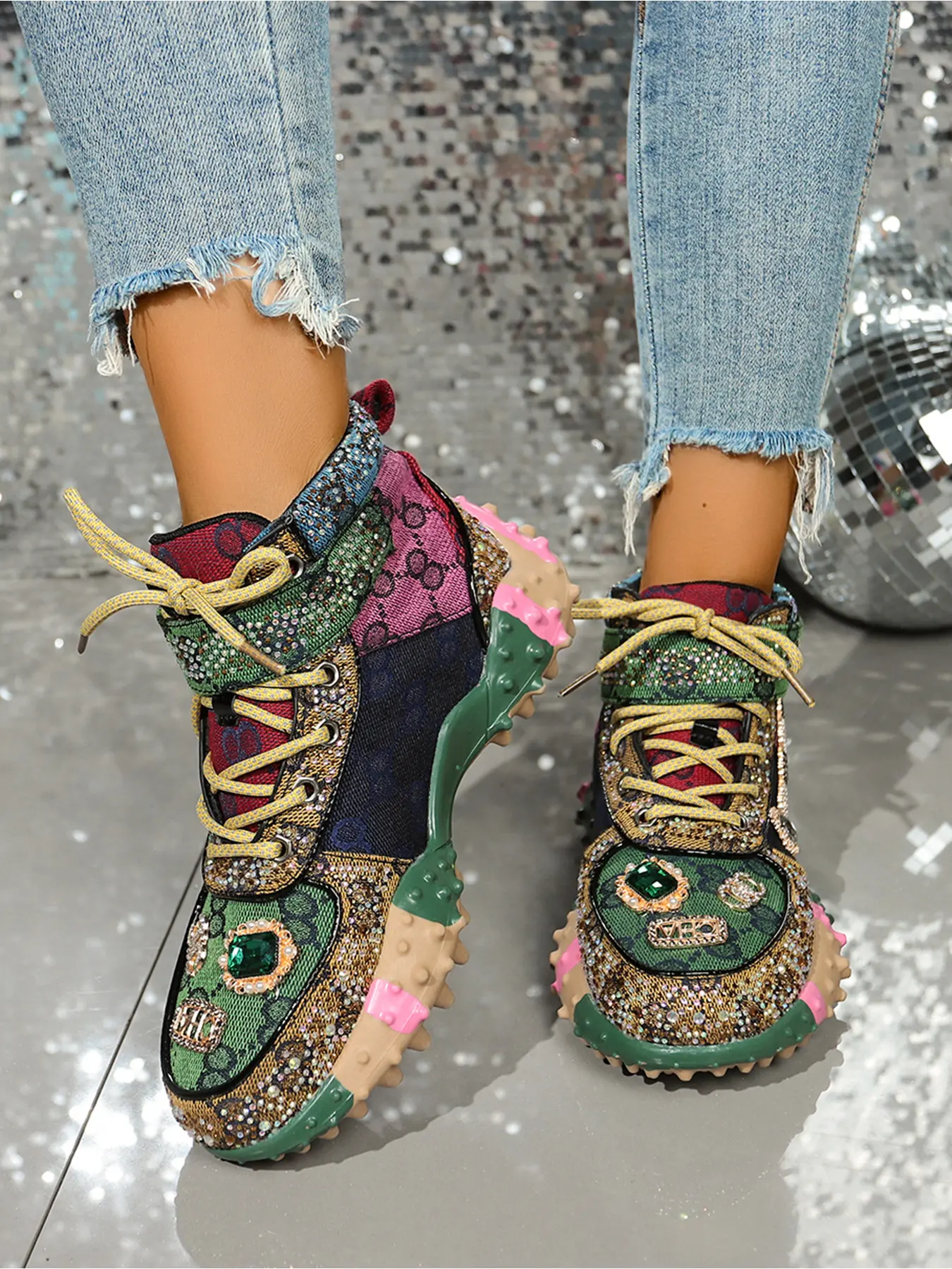 Ladies Color Block Monogram Full Rhinestone Gem Decor High Top Chunky Sneakers Lace Up Velcro Strap Rugged Lug Sole Y2K Party Street Footwear