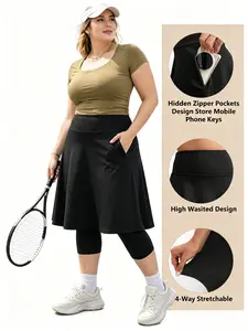 Plus Skirted Capris Skorts Women Long Knee Length Skirt with Capris Leggings,Skirted Leggings with High Waisted Zipper Pockets