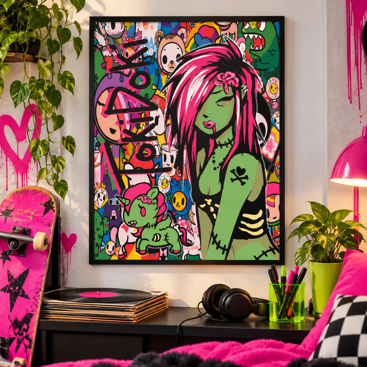 Pink Haired Zombie Girl Poster, Colorful Graffiti Cartoon Collage Wall Art, Y2K Emo Punk Aesthetic Print, Bold Green and Pink Alternative Room Decor for Bedroom, Dorm, Gaming Room and Creative Studio