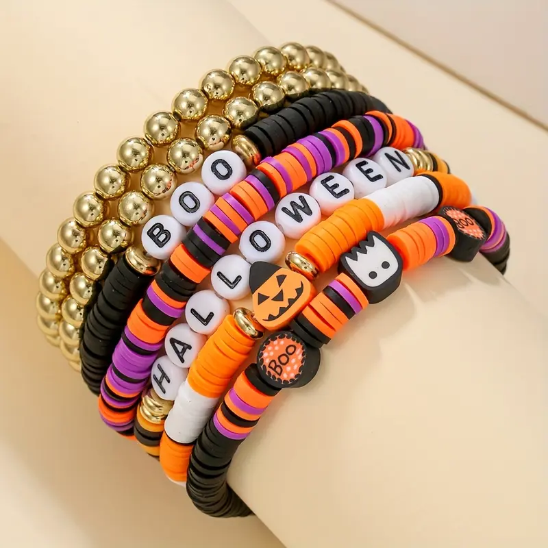 thumbnail image 2 of Fiona® Painted Jewelry Halloween Ghost Boo Bracelet – Black Glass Beads, Stretch Fit, 7.5 Inches, Handmade, Women’s Gift 2 of 5