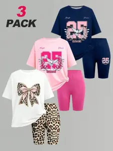 Girls' Round Neck Short Sleeve T-Shirt Set, Casual Style, School Wear, Back-To-School Essential, Leopard Print, Bow Decor