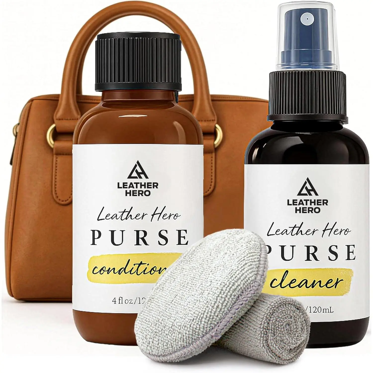 Leather Purse Cleaner & Conditioner Kit – 4pc Set with 4oz Cleaner, 4oz Conditioner, Microfiber Cloth & Applicator Sponge – Leather Bag & Handbag Care for Luxury Purses & Designer BagsGift.