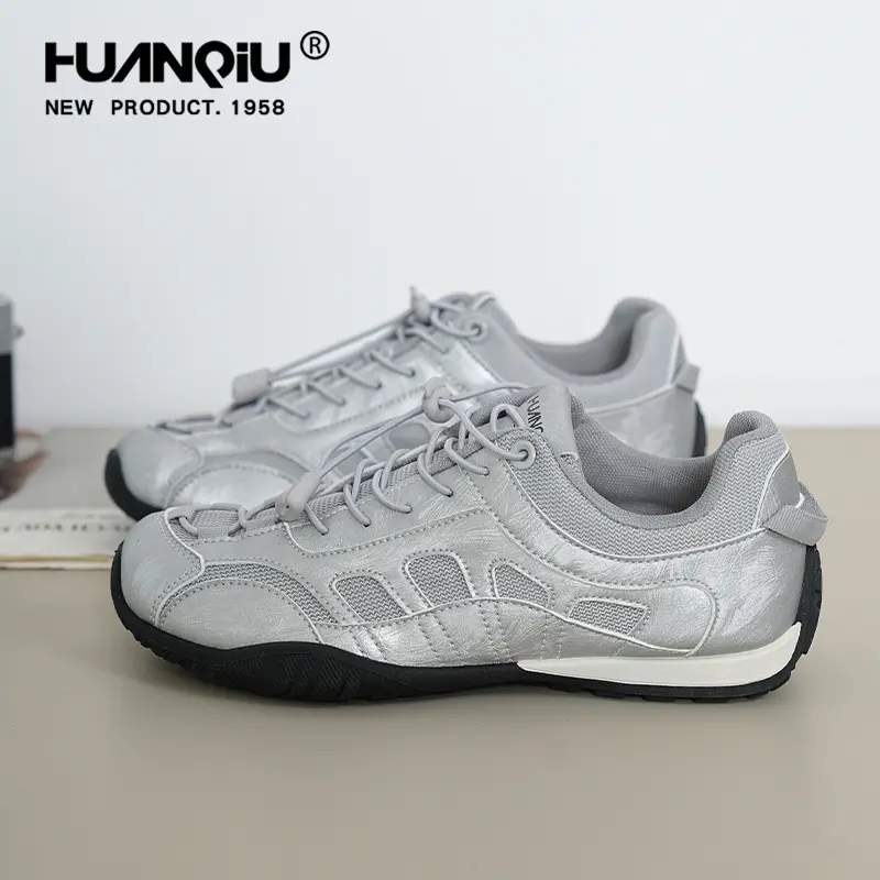 HUANQIU Women's Casual Trainers - 1-Click Lock, Lace-Free Silver Cornetto Shoes with Glossy Mesh Upper, Soft Non-Slip Sole, for Everyday Commute and Casual Wear