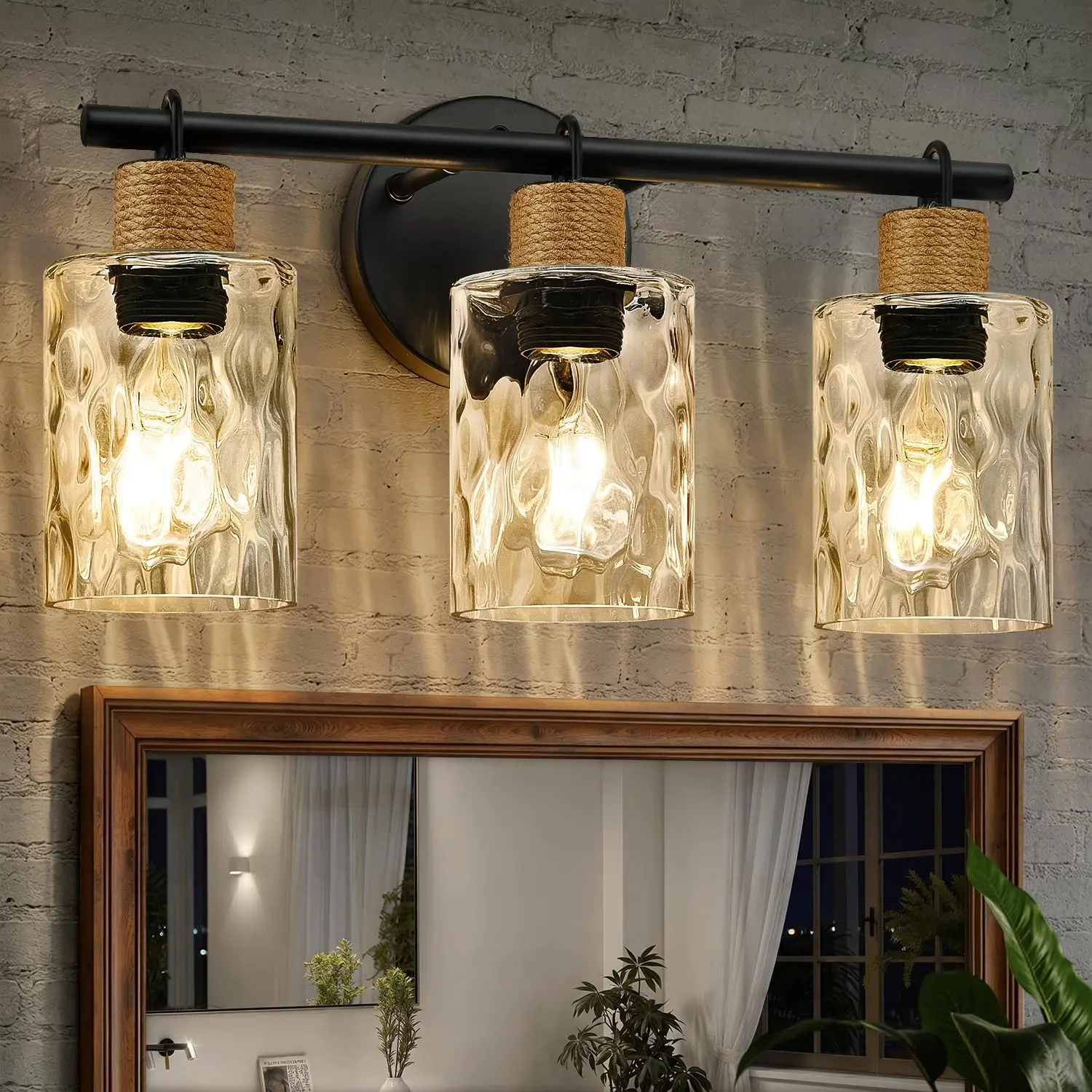 Bathroom Light Fixtures, 3-Light Coastal Vanity Lights with Crystal Glass Shade, Black Bathroom Wall Lamp for Mirror Kitchen Hallway Cabinet