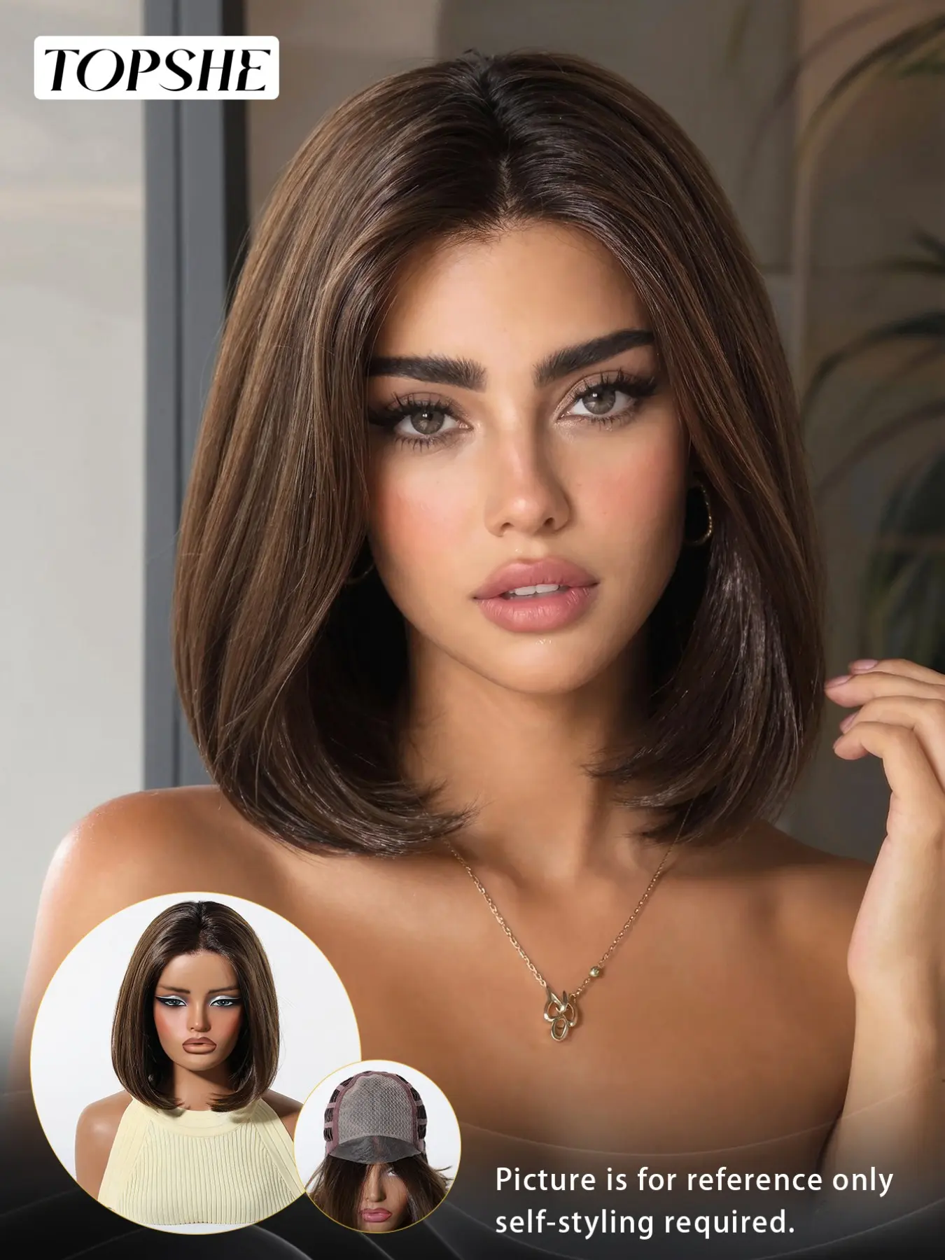 Topshe Mono Base Natural Brown Bob Lace Wig, Glueless Sleek Straight Bob Wig For Work, Daily Dating & Professional Occasions, Glueless Straight Wigs