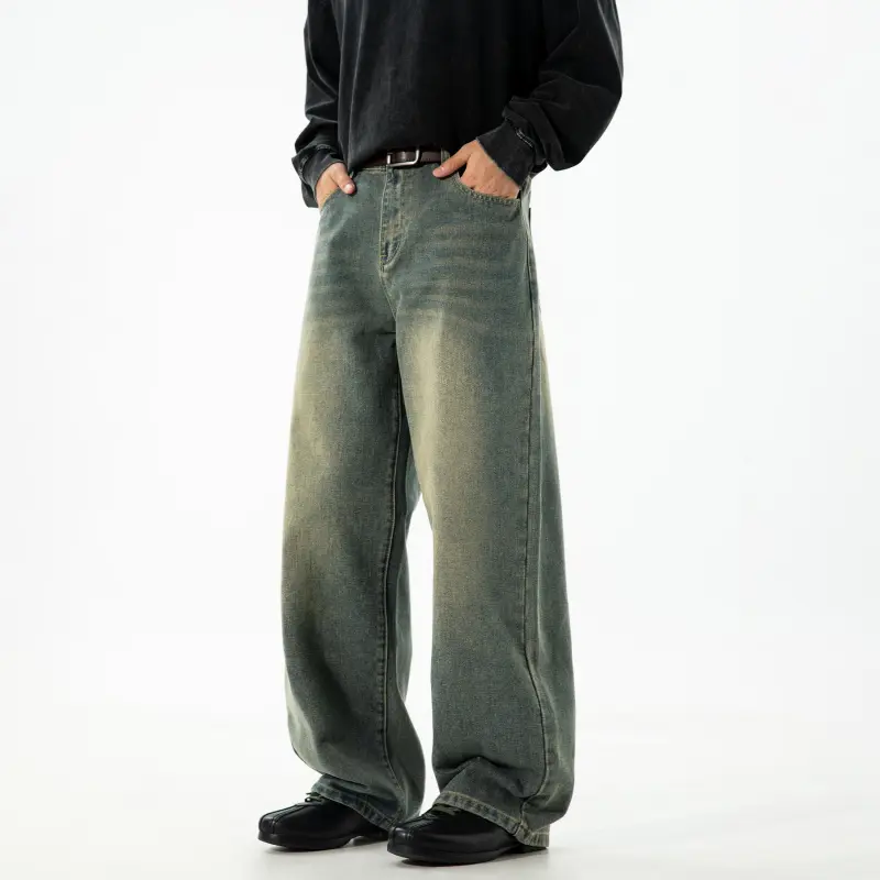 Men's Vintage Washed Distressed Oversized Wide Leg Minimalist Menswear Denim Jeans - Drape Straight Casual Fabric Pants with Gradient Whiskering for Streetwear, Daily Commute #SummerWins