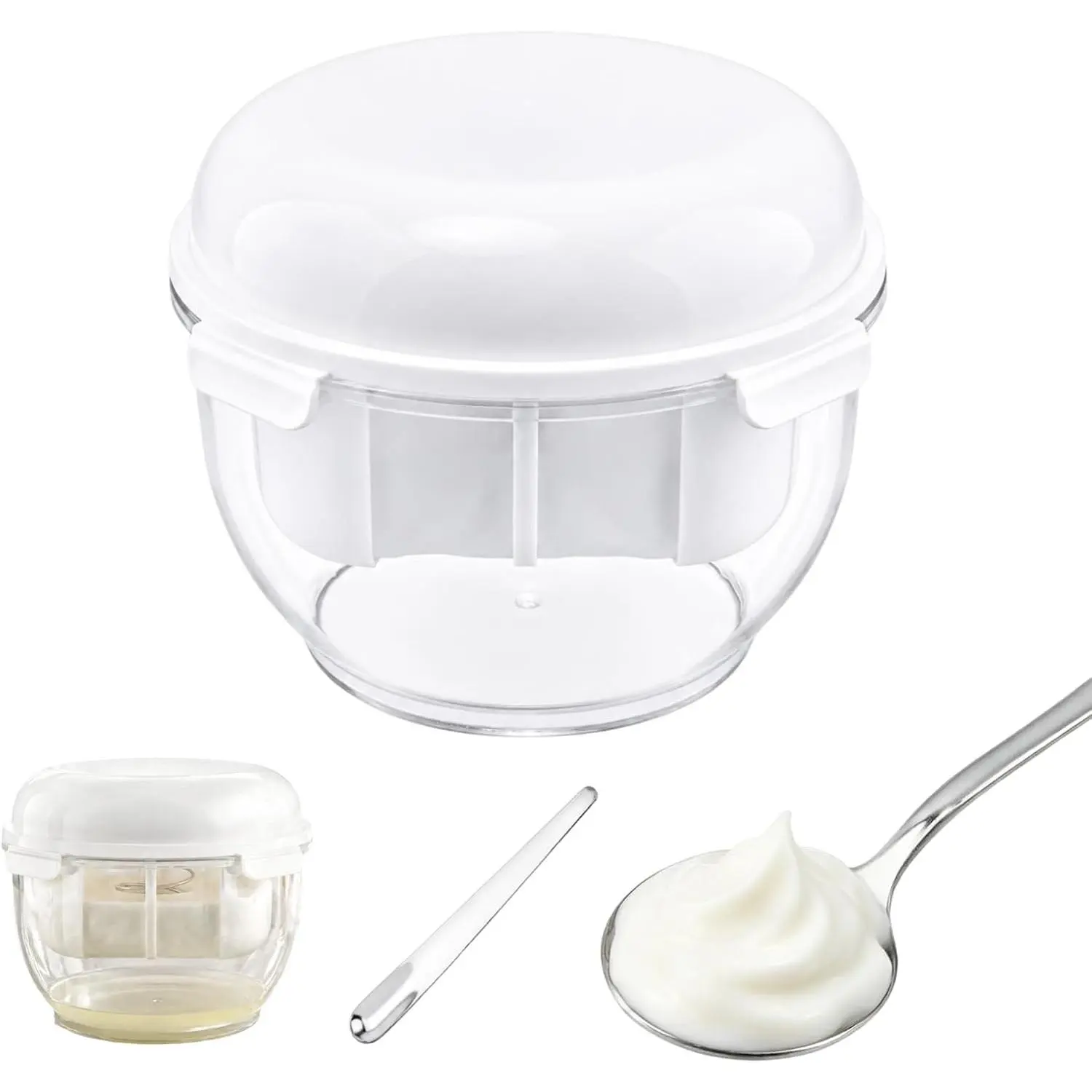 Greek Yogurt Strainer Set, 2 QT Yoghurt Filter with Ultra Fine Mesh Basket/Spring Press/Dessert Spoon, Multipurpose Filter for Homemade Thick Greek Yogurt (White)