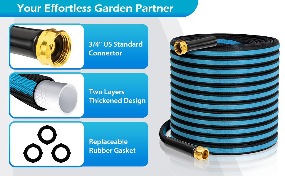 100FT Non-Expandable Garden Hose, Flexible Water Hose with Spray Nozzle, Kink-Resistant, Leakproof 3/4" Brass Connectors, Lightweight & Portable Water Pipe for Yard, Lawn Outdoor