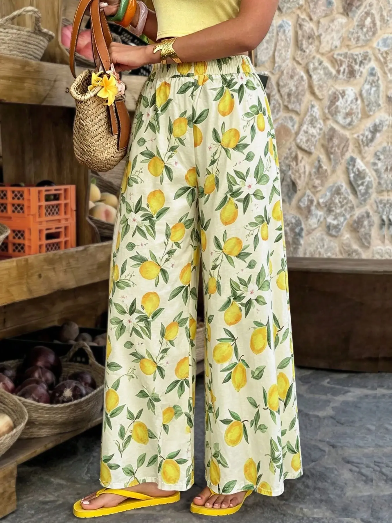 Women's Loose Straight-Leg Trousers Pants Bottoms, Fresh Lemon Print Design, Casual Vacation Wear, Comfortable and Stylish, Perfect for All Seasons