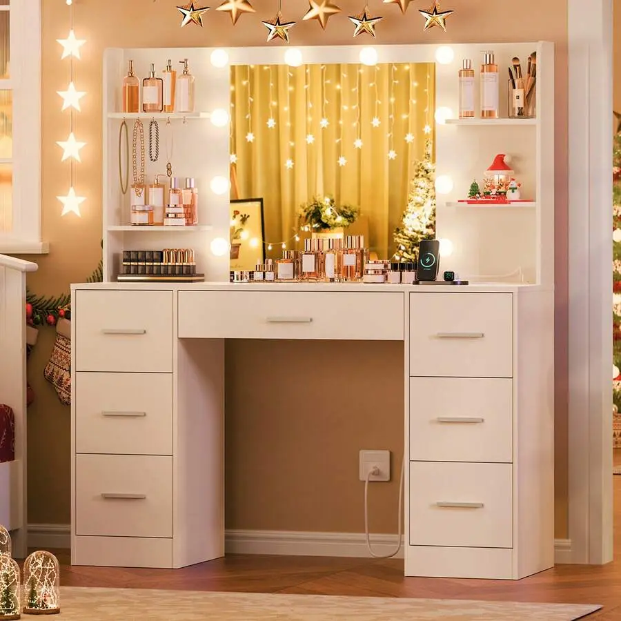 Large Vanity Desk With LED Lighted Mirror & Power Outlet,Makeup Vanity Table With 7 Drawers,4 Shelves And 5 Hooks,Vanity Table, Vanity Desk Set For Bedroom,Bathroom,White