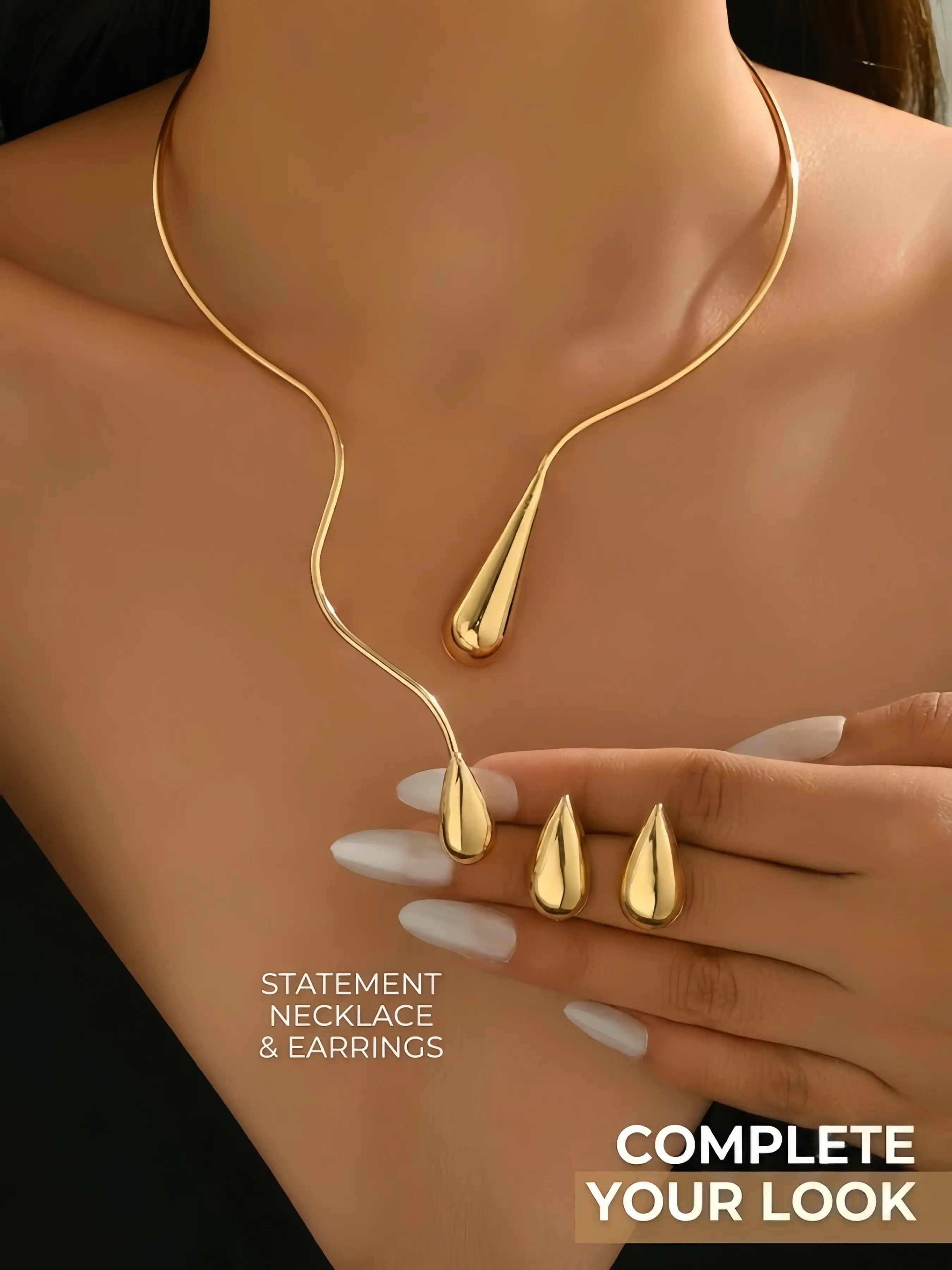 3pcs Minimalist Gold-Tone Sleek Teardrop Necklace & Earring Set for Women, Elegant Polished Choker with Matching Stud Earrings, Versatile Jewelry Set for Office & Everyday Wear, Perfect Gift for Her