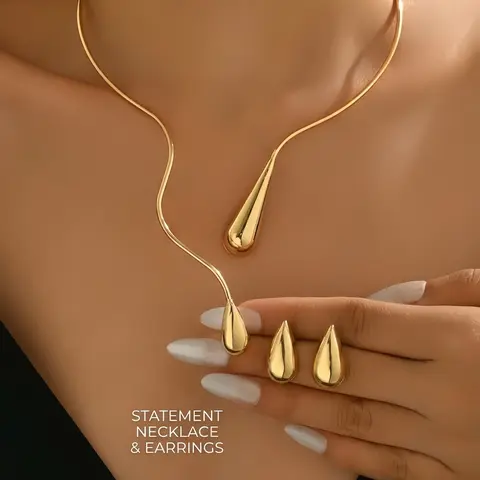 3pcs Minimalist Gold-Tone Sleek Teardrop Necklace & Earring Set for Women, Elegant Polished Choker with Matching Stud Earrings, Versatile Jewelry Set for Office & Everyday Wear, Perfect Gift for Her, Necklace And Earring Set