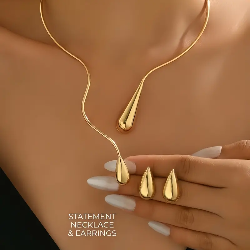 3pcs Minimalist Gold-Tone Sleek Teardrop Necklace & Earring Set for Women, Elegant Polished Choker with Matching Stud Earrings, Versatile Jewelry Set for Office & Everyday Wear, Perfect Gift for Her, Necklace And Earring Set