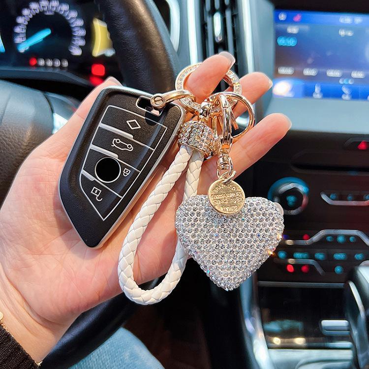 Full Rhinestone Clay Heart Keychain, Bling Love Heart Car Key Ring with Braided Leather Strap, Luxury Bag Charm Accessory for Women