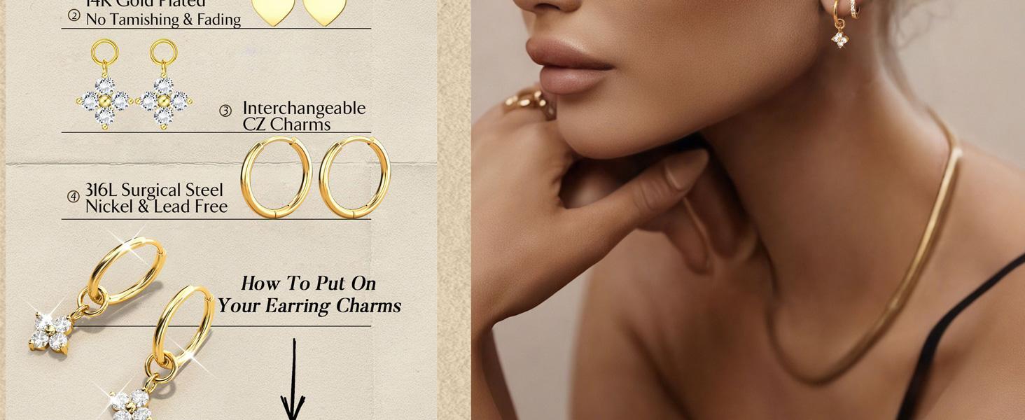 CASSIECA 10Pairs Earrings 14K Gold Plated Earrings for Women Hypoallergenic Surgical Steel Earrings Sensitive Ears Silver Flat Back Cartilage  Stacks with Charms for Multiple Piercing Jewelry