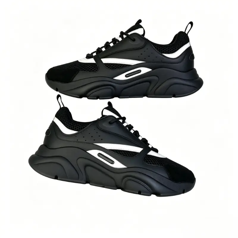 Black White Contrast Mesh Leather Retro Chunk Dad Sneakers Lace-Up Padded Ankle Multi-Sculpted Shock Absorb Thick Platform Foam Midsole Deep Groove Anti-Slip Rubber Outsole Breathable Street Fashion Trainers for Daily Walking Campus Commute