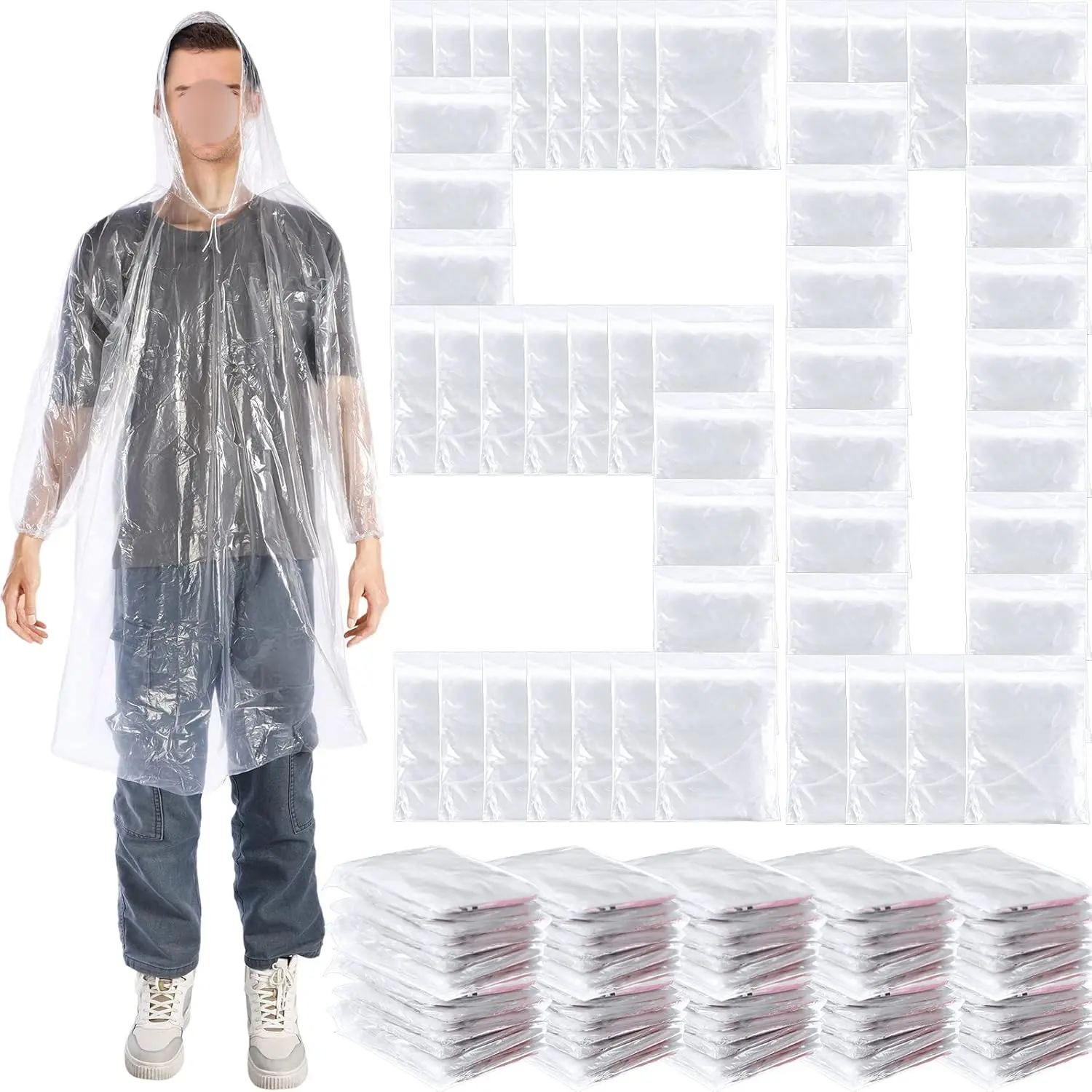 Disposable Rain Ponchos for Adults Thick Disposable Ponchos Bulk with Hood Emergency Raincoats for Camping Themed Park, Clear