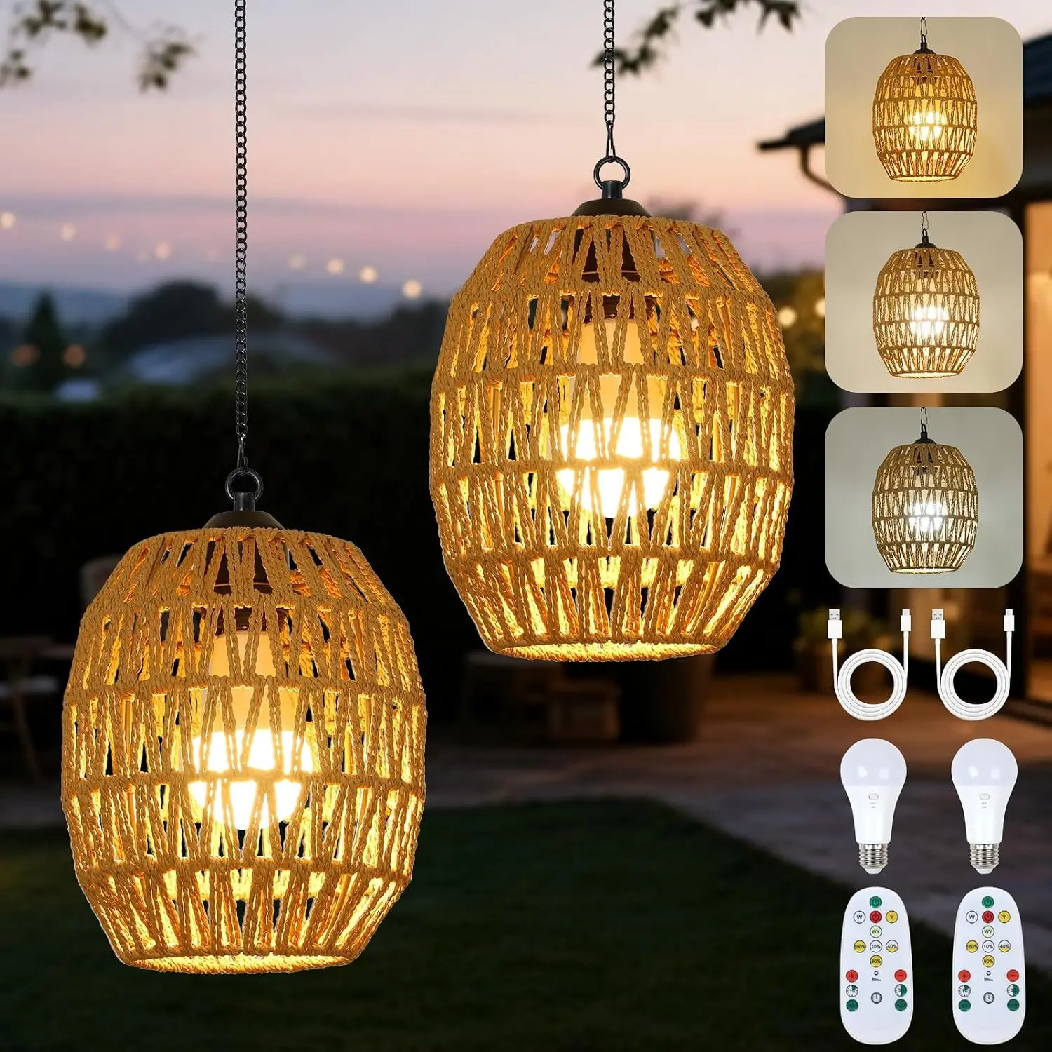 2-Pack Boho Cordless Pendant Lamp Set with Remote Control, Rechargeable Gazebo Decor Hanging Light for Indoor Outdoor Patio Porch, Set Of Two