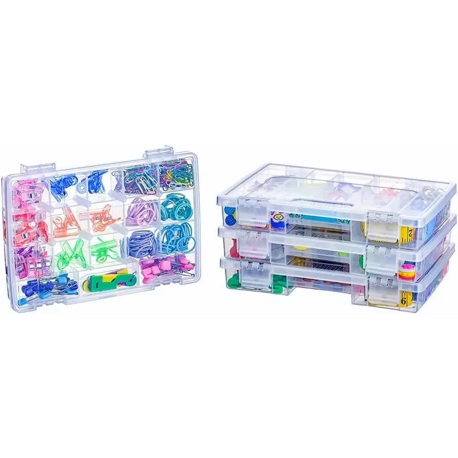 4 Pack Clear Organizer Box with 15 Dividers and 3 Fixed Sections, Case with Handle and Hinged Lid for Art, Craft Supplies, , Tackle