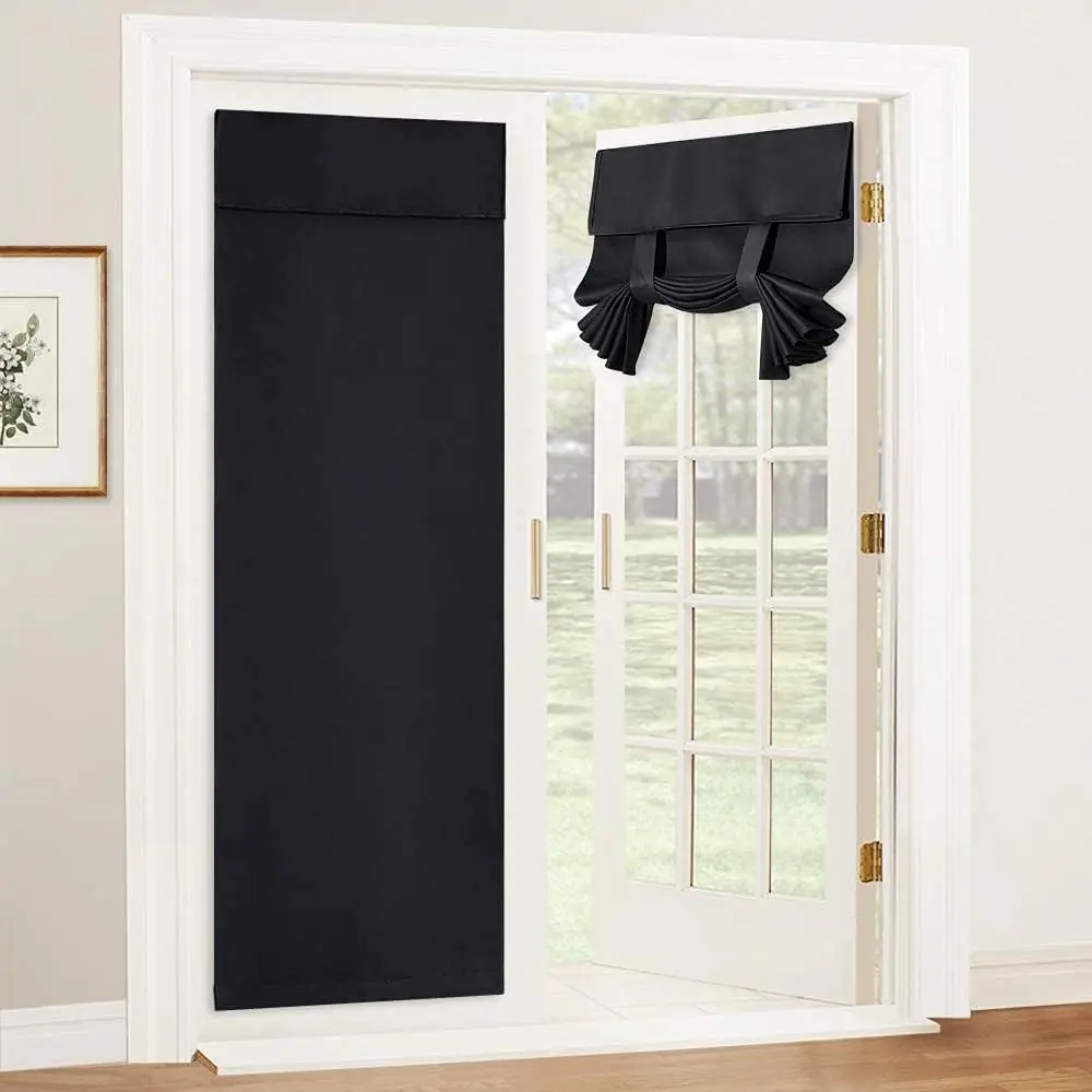 Blackout Polyester Single Panel French Door Curtain Full Kit, Self-Adhesive, Privacy, Thermal, Renter-Friendly, W26 x L69, Black, for Front & Back Doors Windows, Front Doors