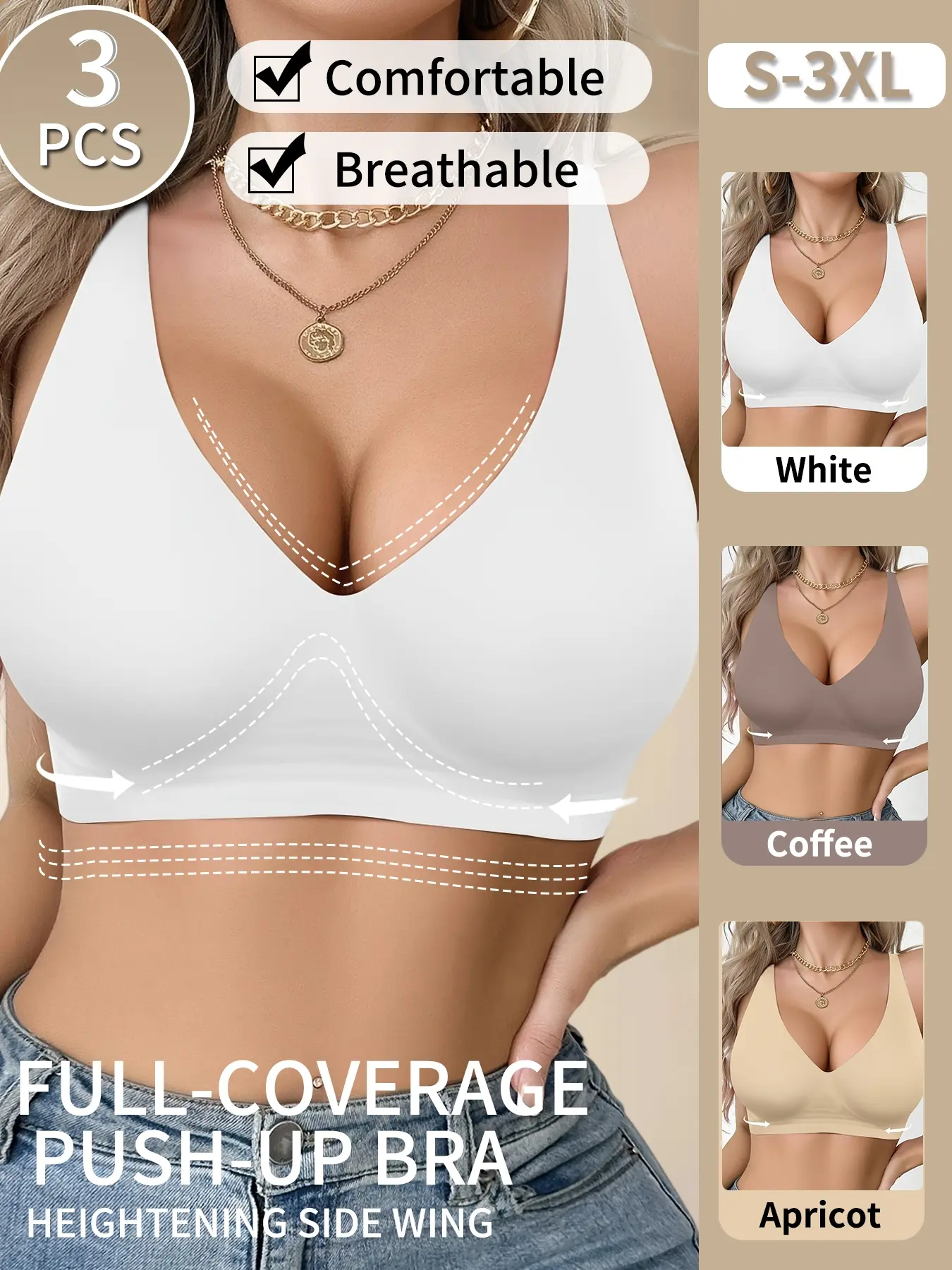 3-pack women's simple and comfortable seamless jelly gel wireless bras with padding, high support, hook closure, easy to put on and take off, suitable for sports, yoga, and everyday wear, Casual Comfy Bra