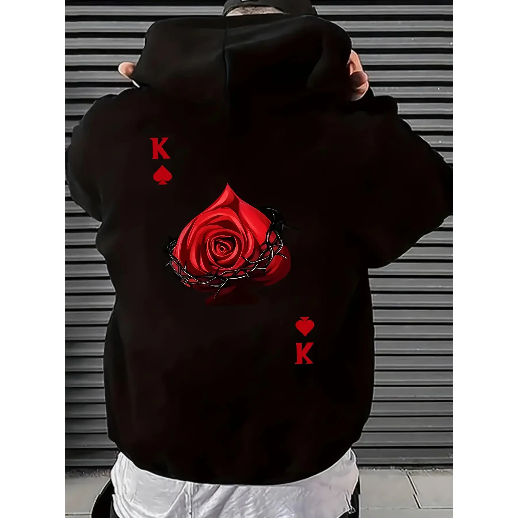 Men's black hoodie printed with red roses and king card patterns - loose streetwear pullover sweatshirt, machine washable hooded jumper, ideal for casual outfits and themed events