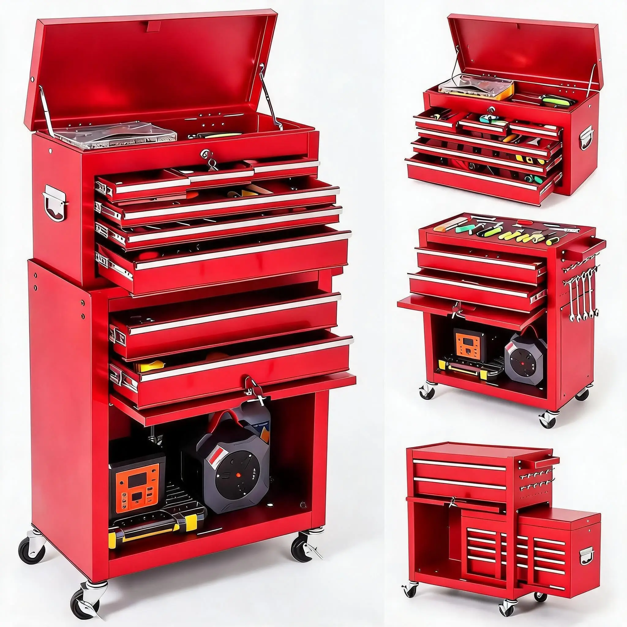 8-Drawer Tool Chest with Wheels – Detachable Top Toolbox, Lockable Drawers – Garage/Workshop – Heavy Duty Steel Cart – Cabinet & Shelf