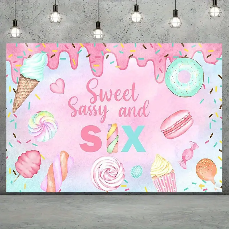 Sweet Candy 6th Birthday Party Banner, Pastel Sweet Treats Background, Ice Cream, Macarons, Lollipops, Colorful Sugar Frosting Decorations