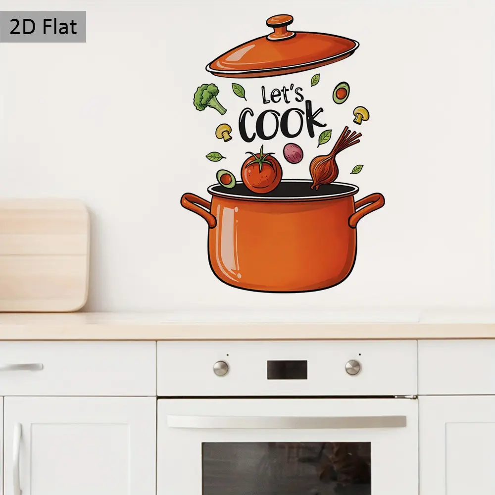 2D Flat Style Let's Cook Wall Sticker, Creative Kitchen Art Decor, Fun Kitchen Decal, Holiday Gift, for Restaurant, Kitchen, Bakery, Cabinet