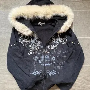 Y2K American Vintage Vintage Fur Collar Hooded Sweater Women Winter High Street Plus Velvet Padded Cardigan Casual Coat Jacket