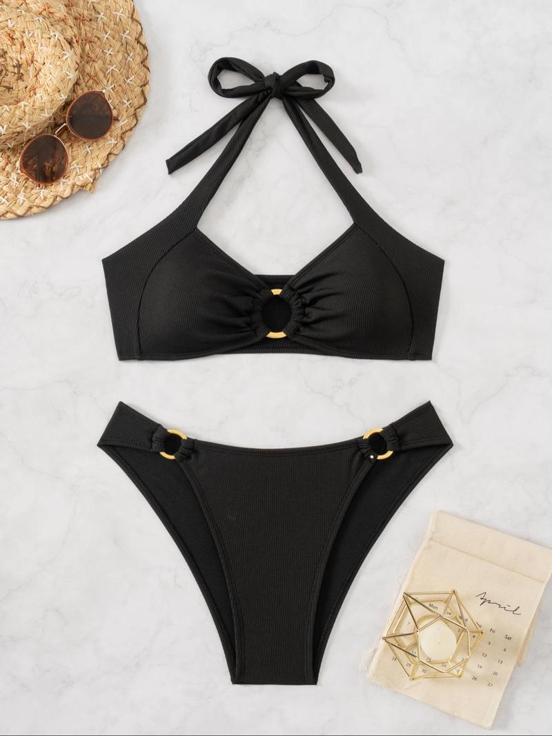Women's Solid O-ring Knot Halter Bikinis Set, Casual Wireless Swim Top & High Cut Swim Bottom, Ladies Summer Swimwear for Beach Holiday Vacation, Swimsuit Style Bikini