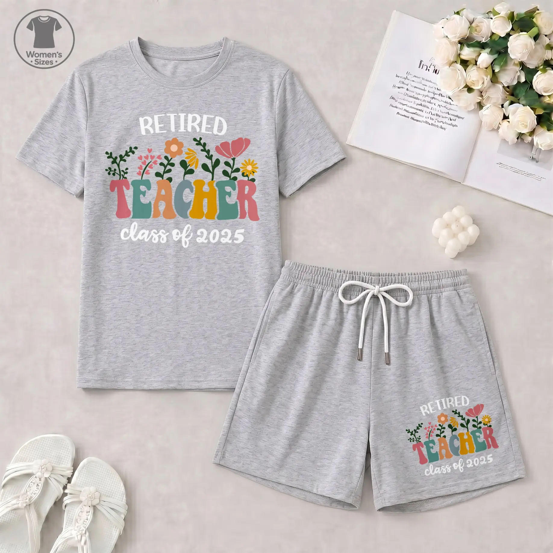 Women’s Retired Teacher Class of 2025 Floral Graphic T-Shirt & Drawstring Shorts Set, Casual Summer Two-Piece Outfit, Retirement Gift, Lounge, Travel & Everyday Wear