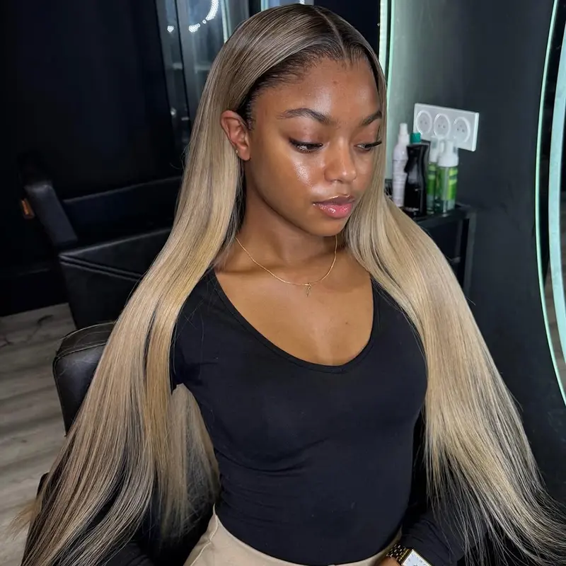 HANA HAIR Female 13X4 Transparent Lace Frontal Wig - Adjustable Headband, Clip, Washable Straight, 180% Density, Brown Roots Ombre Ash Blonde, Pre-Plucked With Baby Hair, Heat Safe, 28/30/32 Inches